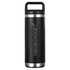 A drink bottle in sleek black with a stainless steel base and a handle, featuring a logo.