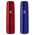 A drink bottle duo featuring a glossy red and a glossy blue finish, both with a logo.