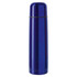 A drink bottle in a glossy blue finish, resembling a tall, cylindrical thermos with a sleek design and a logo.