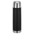 A drink bottle featuring a sleek black design with a stainless steel top and base, also includes a logo.
