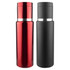 A drink bottle featuring a shiny red and a matte black design, each with a silver band and a logo.