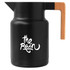 A drink bottle in matte black with a wooden handle and a logo on the front.