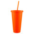 An orange plastic tumbler with a matching straw, featuring a lid and a simple design.