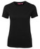 A plain black ladies' tee with a round neckline and short sleeves. The shirt features a logo.