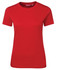 A red ladies t-shirt with short sleeves and a crew neck, featuring a logo on the label.