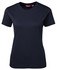 A navy blue ladies' t-shirt with short sleeves and a round neckline, featuring a logo.