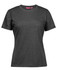 A dark grey ladies' T-shirt with a classic crew neck and short sleeves. It features a logo on the label.