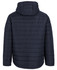 A dark navy hooded puffer jacket featuring a stitched panel design and a hood. It has a branding logo on the back.