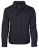 A dark navy polar fleece jacket with a collar and snap-button front, featuring a logo.
