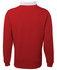 A red polo shirt with a white collar, featuring a logo on the front. The shirt has long sleeves and a classic fit.