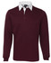 A maroon long-sleeve polo shirt with a white collar and a logo on the chest.