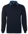 A navy polo shirt with a denim collar and long sleeves, featuring a logo on the chest.