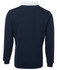 A navy polo shirt with a white collar, featuring long sleeves and a subtle logo.