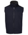 A navy vest with a high collar and zip closure, featuring a soft inner lining and shoulder details.
