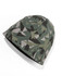 A green and grey camo-patterned knitted beanie with a soft finish and a logo on the side.