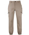 A pair of beige jogger cargo pants with multiple pockets and elastic cuffs. Features branding on the fabric.