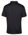 A black polo shirt featuring red detailing and a collar, with a logo on the upper back.