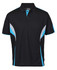 A black polo shirt featuring blue and grey accents, with a collar and a logo on the chest.