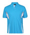 A blue polo shirt featuring white mesh detailing and a collar, with a logo on the chest.