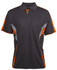 A dark grey polo shirt with orange accents and mesh detail, featuring a collar and buttons, and a logo on it.