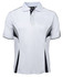 A white polo shirt with black accent panels and a collar, featuring a logo on the front.