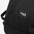 A black roll-up computer backpack featuring a logo. The material has a textured pattern.