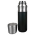 A drink bottle featuring a sleek, black exterior and stainless steel accents, accompanied by a matching cup.