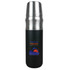 A drink bottle featuring a black body with a silver top, showcasing a branded logo and design.