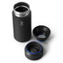 A drink bottle in black with a stainless steel interior, featuring removable components and a logo design.