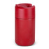 A drink bottle with a sleek red exterior and a flip-top lid. It features a logo on the surface.