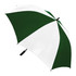 A green and white striped umbrella with a black handle, featuring a logo on the canopy.