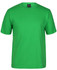 A green t-shirt with short sleeves, featuring a simple design and a logo on the label.