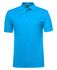 A bright blue polo shirt featuring a collar and three buttons, with a logo on the chest.