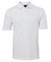 A plain white polo shirt featuring a collar and three buttons, branded with a logo.