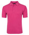 A bright pink polo shirt with a collared neckline and two buttons, featuring a logo on the chest.