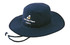 A navy canvas hat with a wide brim, featuring a logo on the front and an adjustable chin strap.