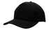 A black breathable poly twill cap with a curved brim and a structured design, featuring a logo.