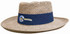 A straw sun hat featuring a wide brim and a blue band, adorned with a logo. The hat is light brown in colour.