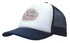 A trucker mesh cap featuring a white front panel, navy peak, and mesh back, adorned with a decorative logo.