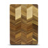 A rectangular chopping board featuring a chevron pattern in various shades of brown wood.
