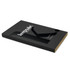 A black chopping board with a gold edge, featuring a logo on the surface.