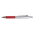 A metal pen featuring a sleek silver body with a vibrant red grip adorned with decorative studs.