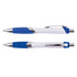 A set of plastic pens in blue and white with a sleek design, featuring chrome accents and a rubber grip for comfort.