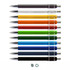 A row of Eon Spinner Pens in various colours: black, white, yellow, orange, red, green, blue, and dark blue. Each has a silver clip.