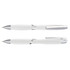 A set of white plastic pens with silver accents and clips, featuring a sleek design and a logo.