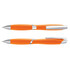Two orange plastic pens with silver accents, featuring a modern design and a clip for easy attachment.