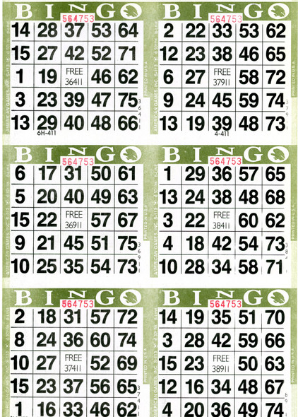 American Games Bingo Paper Game Cards - 6 cards - Olive - 500 sheets per pack, Made in USA