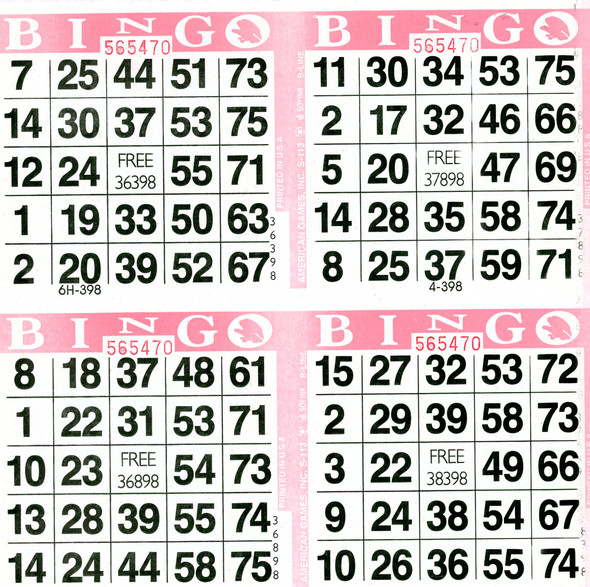 American Games Bingo Paper Game Cards - 4 cards - Pink - 750 sheets per pack, Made in USA