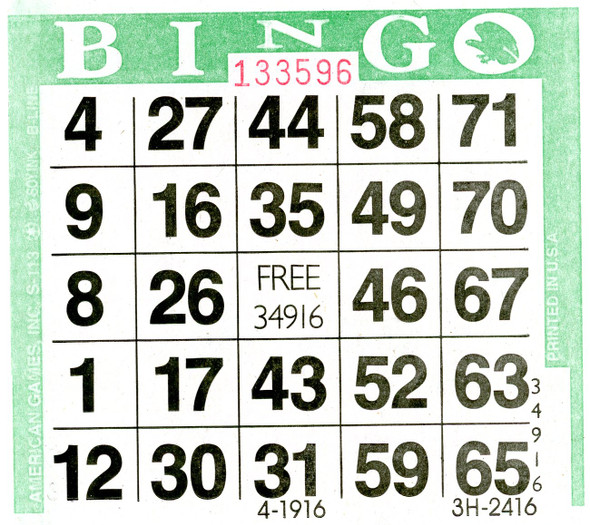 American Games Bingo Paper Game Cards - 1 card - Green - 500 cards per pack, Made in USA