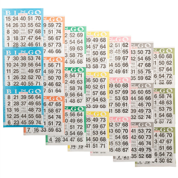 American Games Bingo Paper Game Cards - 3 cards - 7 sheets - 100 books per pack - 7 Colors, Made in USA